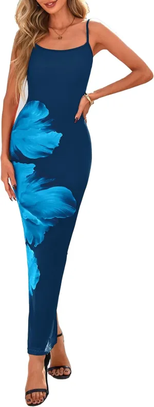 PRETTYGARDEN Women's Summer Maxi Bodycon Dress Spaghetti Strap Slim Fit Back Slit Long Dress Floral Sundress