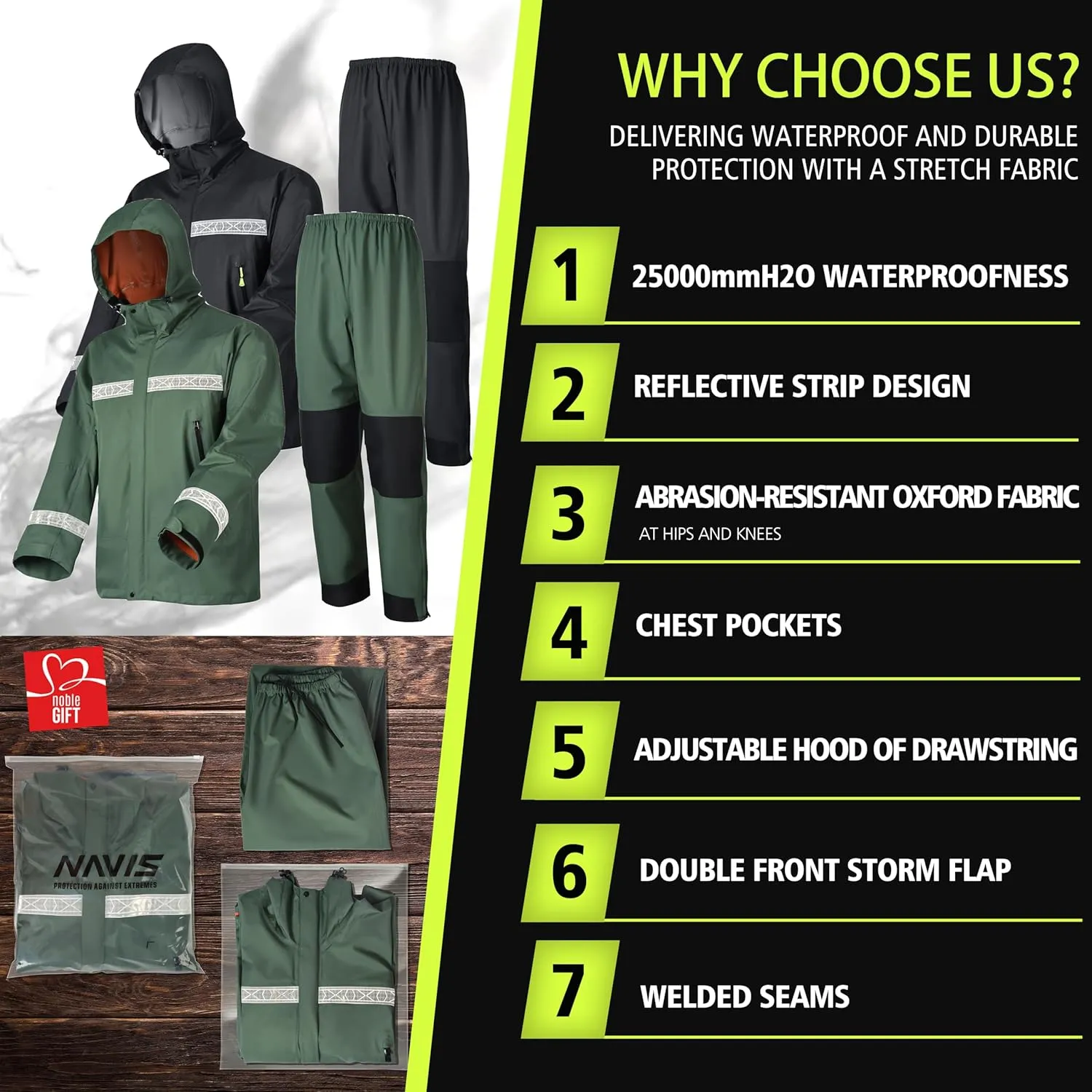 PRO Rain Suit-Waterproof Reflective Jacket & Elastic Pants Combo,Lightweight Breathable Foul Weather Gear