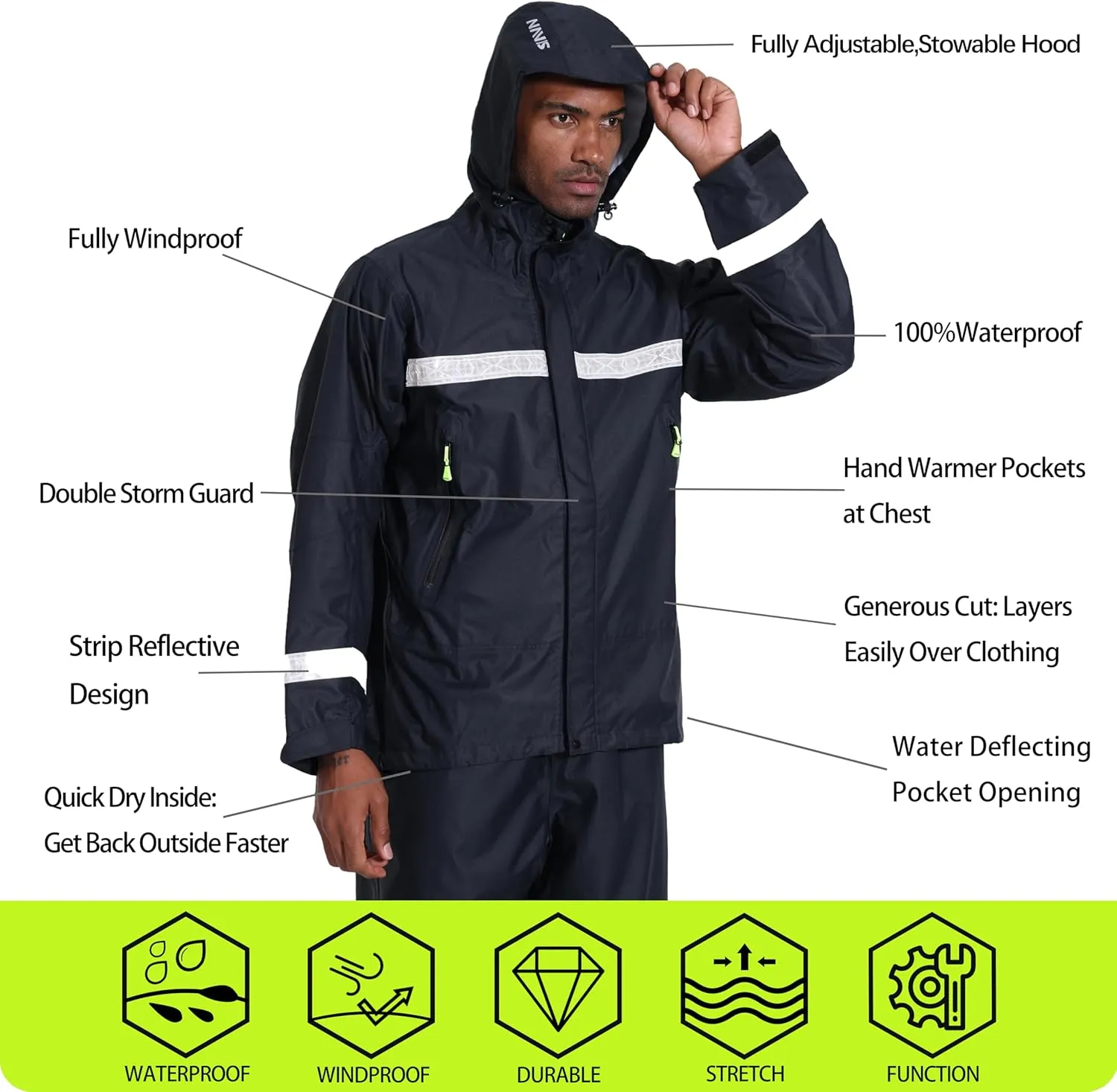 PRO Rain Suit-Waterproof Reflective Jacket & Elastic Pants Combo,Lightweight Breathable Foul Weather Gear