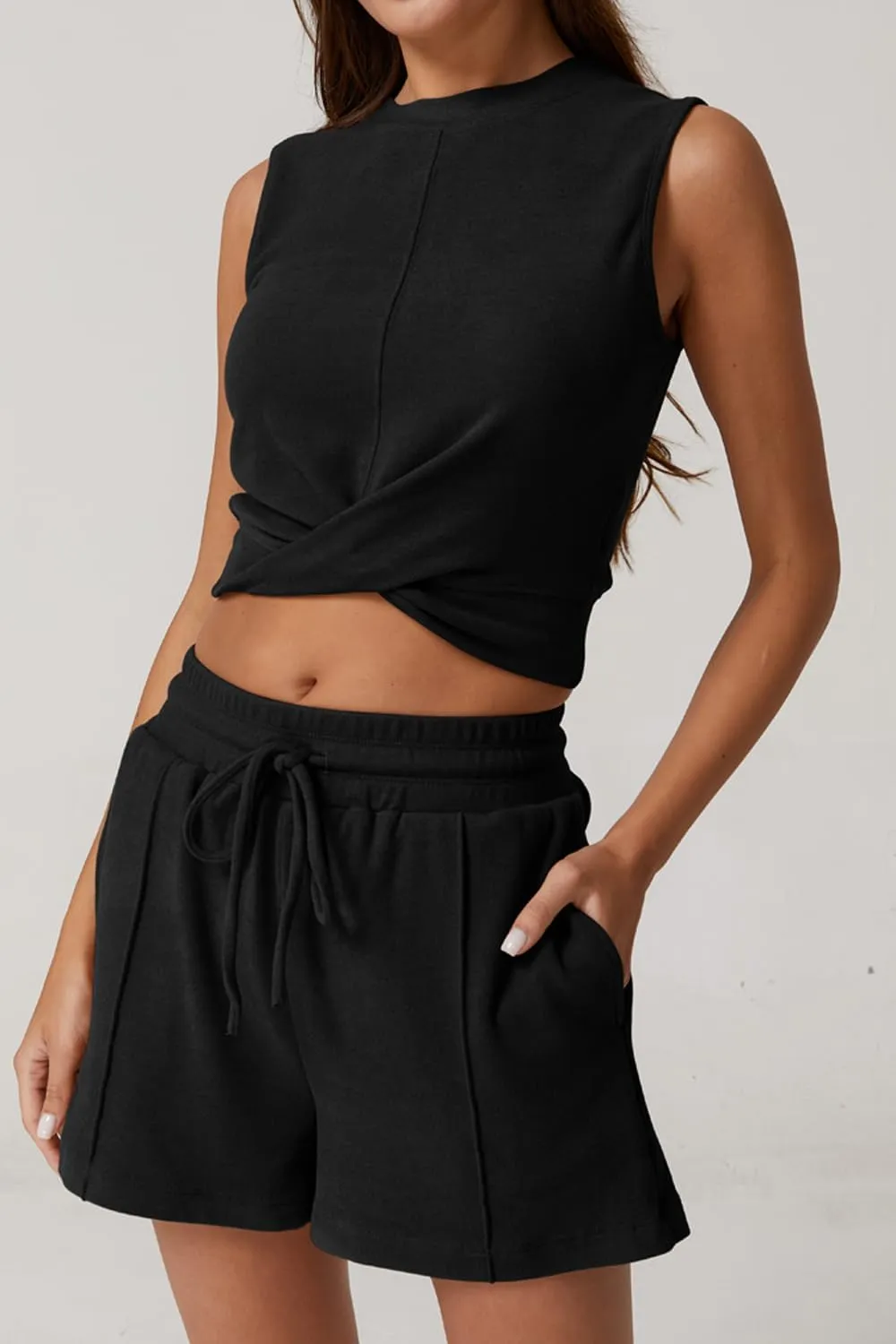 QINSEN Womens Crewneck Twist Front Sleeveless Crop Top Tank Drawstring Shorts Casual 2PCS Lounge Sets