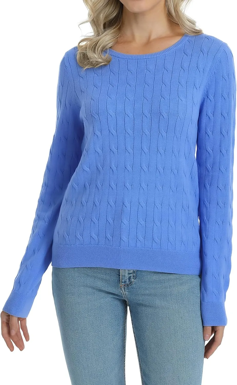 QUALFORT Women's 100% Cotton Crewneck Cable Knit Pullover Sweaters