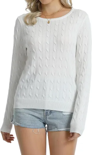 QUALFORT Women's 100% Cotton Crewneck Cable Knit Pullover Sweaters