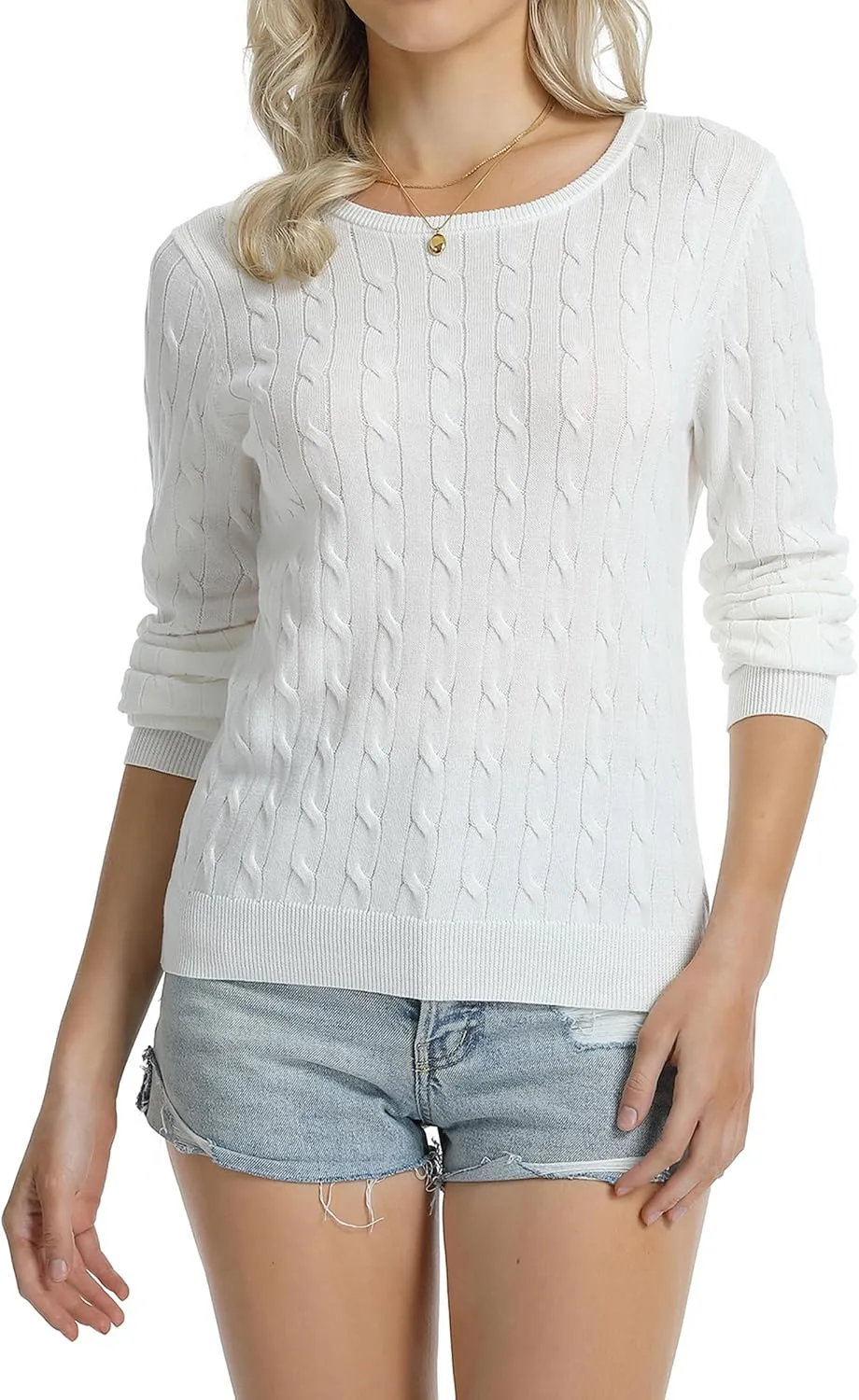 QUALFORT Women's 100% Cotton Crewneck Cable Knit Pullover Sweaters