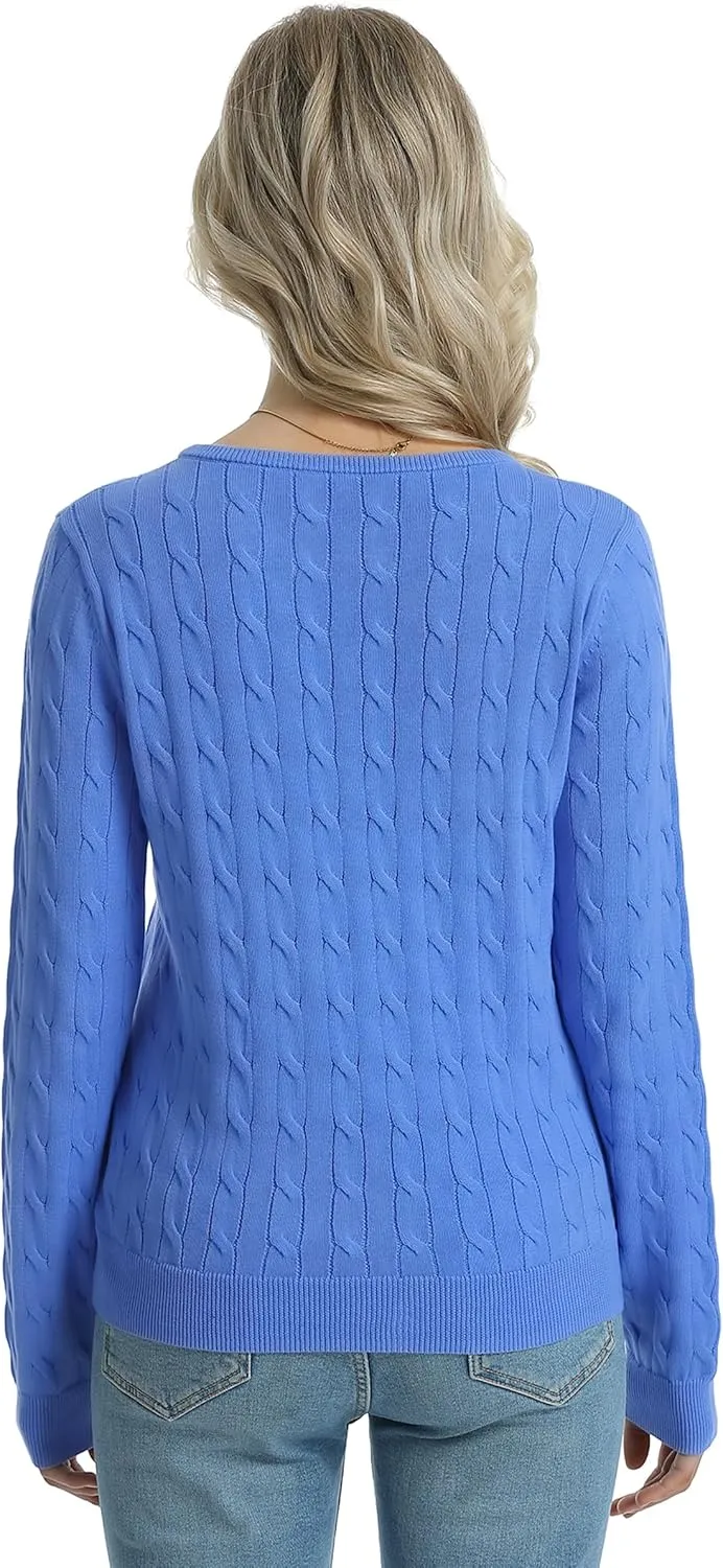 QUALFORT Women's 100% Cotton Crewneck Cable Knit Pullover Sweaters
