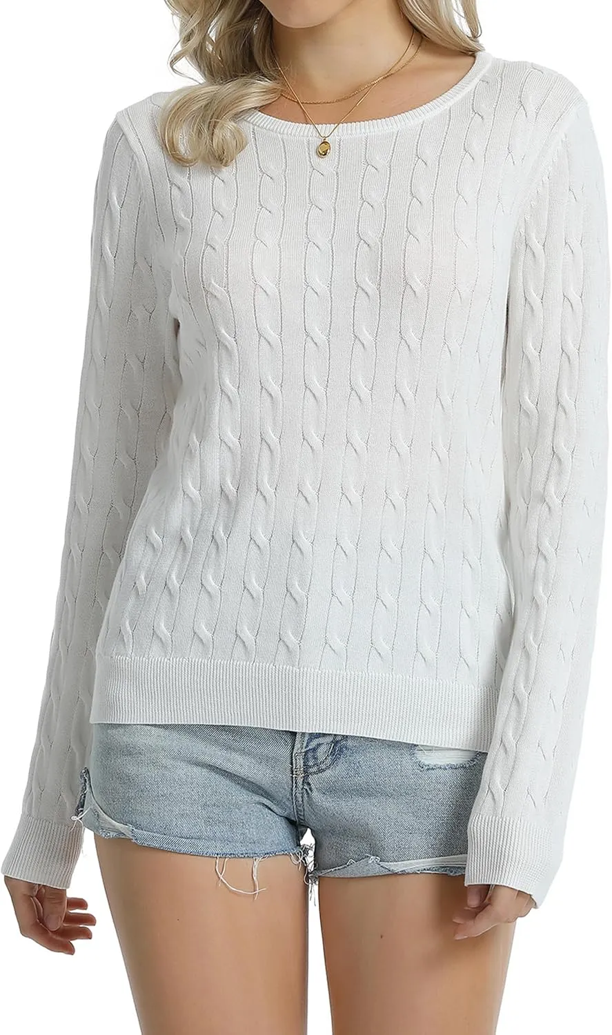 QUALFORT Women's 100% Cotton Crewneck Cable Knit Pullover Sweaters