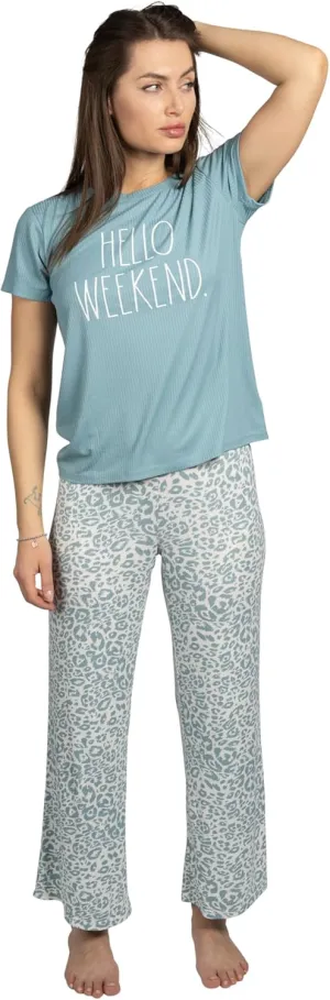 Rae Dunn Women's 2 Piece Short Sleeve Top and Wide Leg Ribbed Pants Pajama Set