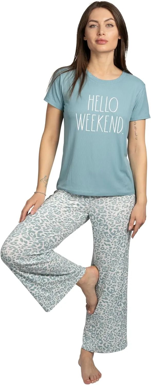 Rae Dunn Women's 2 Piece Short Sleeve Top and Wide Leg Ribbed Pants Pajama Set