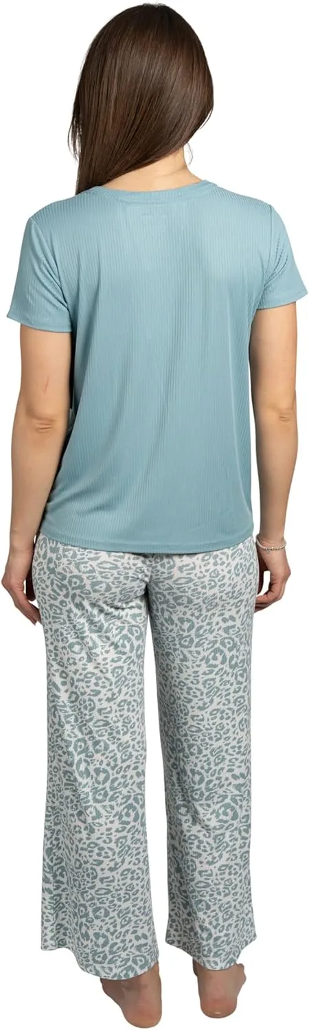 Rae Dunn Women's 2 Piece Short Sleeve Top and Wide Leg Ribbed Pants Pajama Set