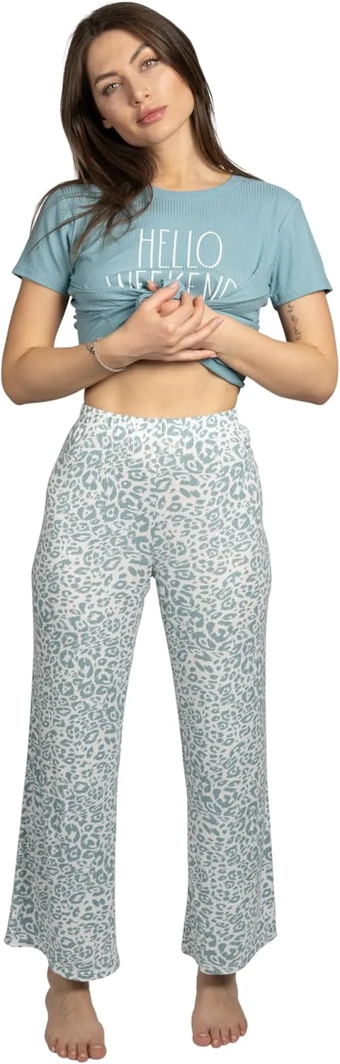 Rae Dunn Women's 2 Piece Short Sleeve Top and Wide Leg Ribbed Pants Pajama Set