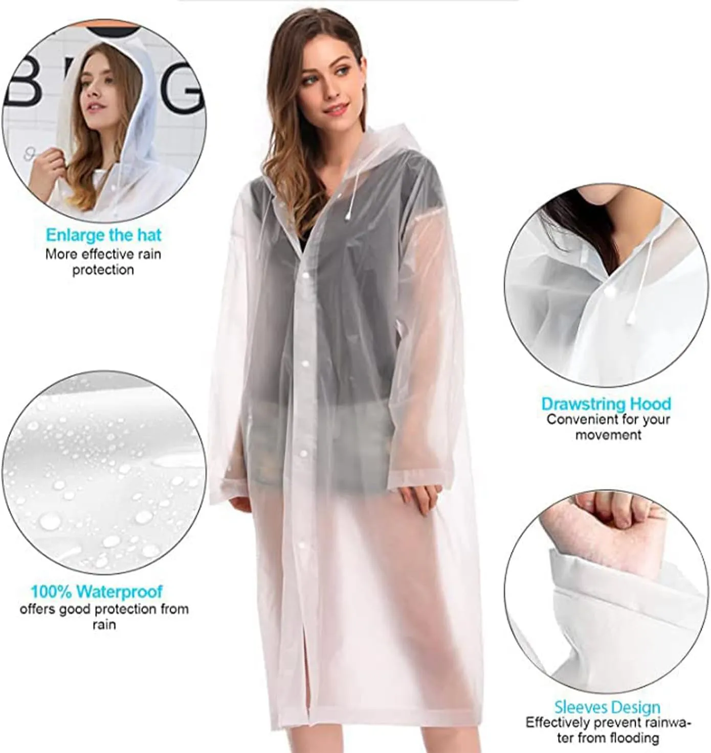 Rain Coat Poncho for Adult, 2 Pack Women Men Reusable Raincoats Emergency with Hood and Drawstring