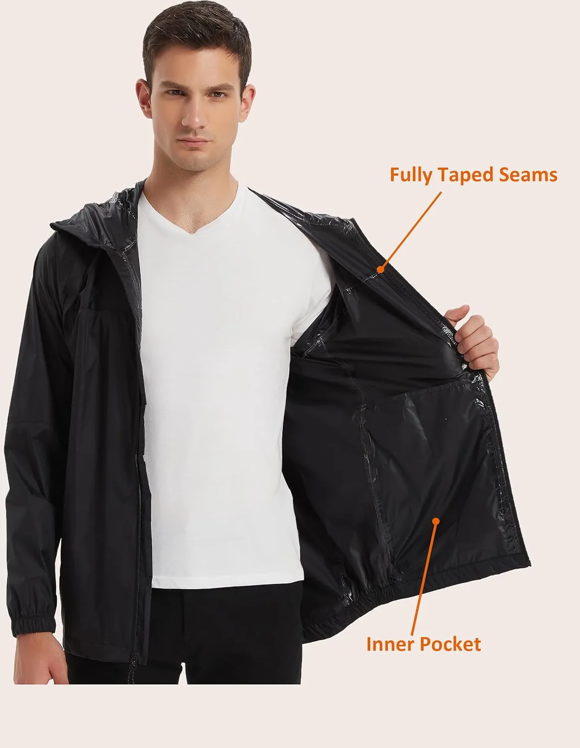 Rain Jacket Men Packable Lightweight, Waterproof Breathable Raincoat with Hood, Outdoor Hiking Winbreaker