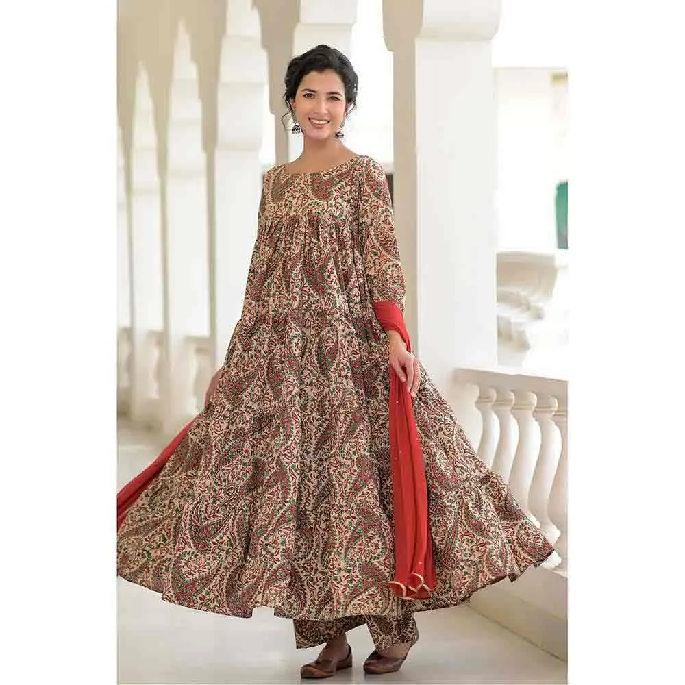 Rangpur Red Kalamkari Anarkali Set - Set of 3