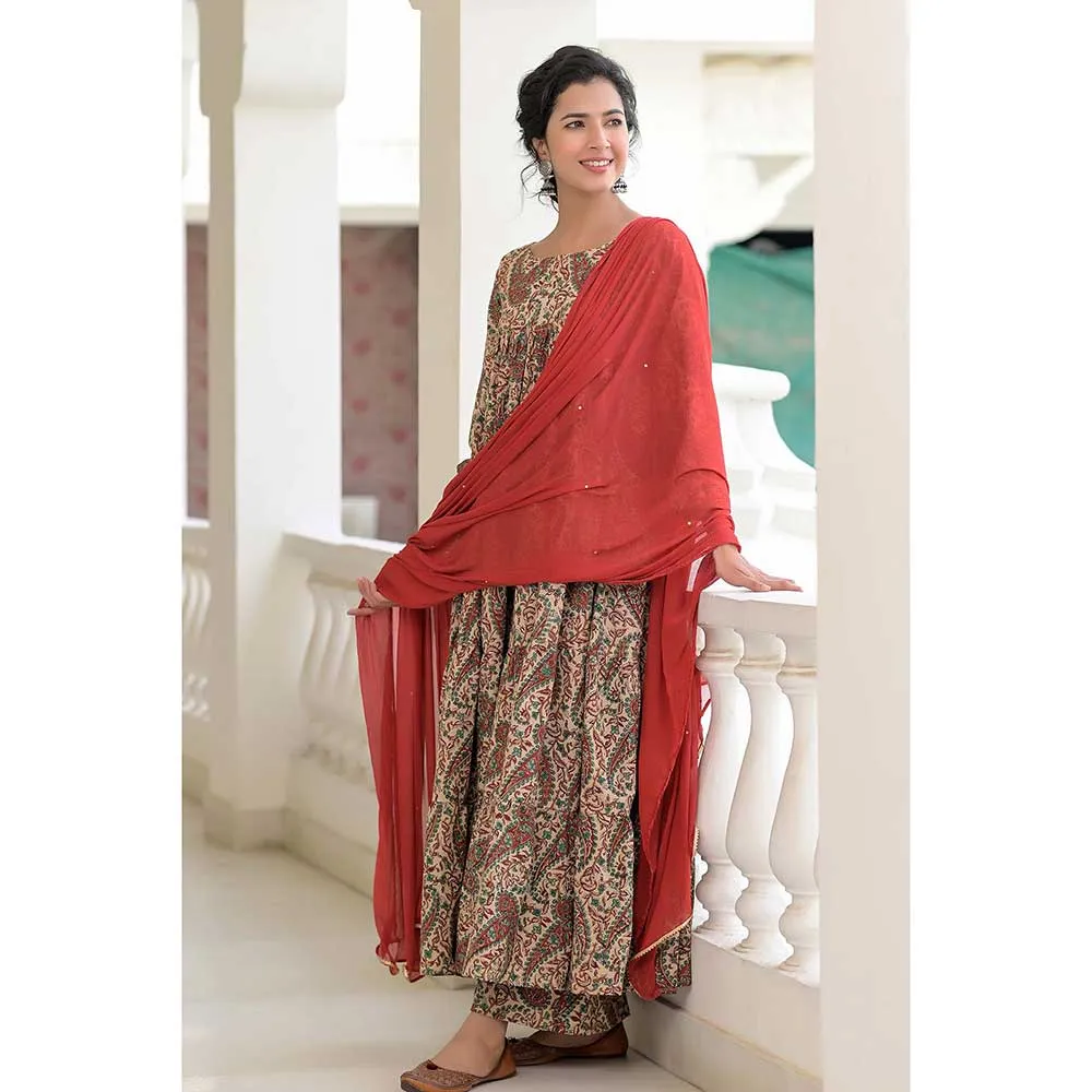 Rangpur Red Kalamkari Anarkali Set - Set of 3