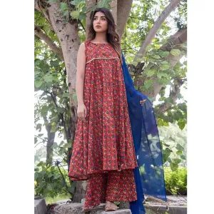 Rangpur Red Marron Flared Dress With Palazzo With Blue Dupatta