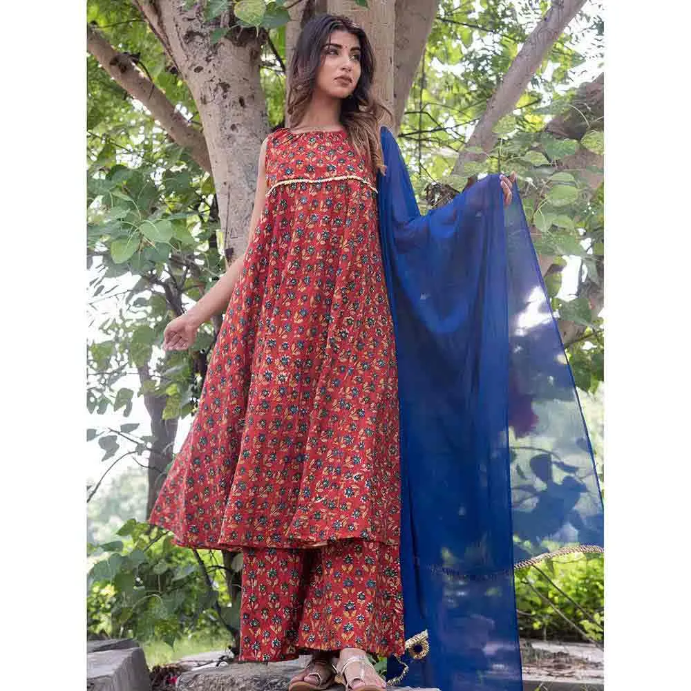 Rangpur Red Marron Flared Dress With Palazzo With Blue Dupatta