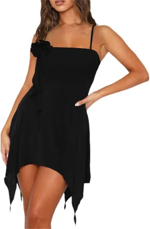 Raruxxin Women Halter Neck Short Dress Irregular Ruffle Hem Fringed Sleeveless Mini Dress Y2k Sexy Open Back Fairy Dresses