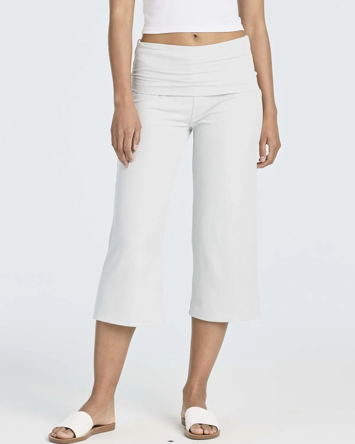 Real Essentials 3 Pack: Women's Ribbed Foldover Wide Leg Loose Capri Open Bottom Yoga Lounge Pants (Available in Plus)