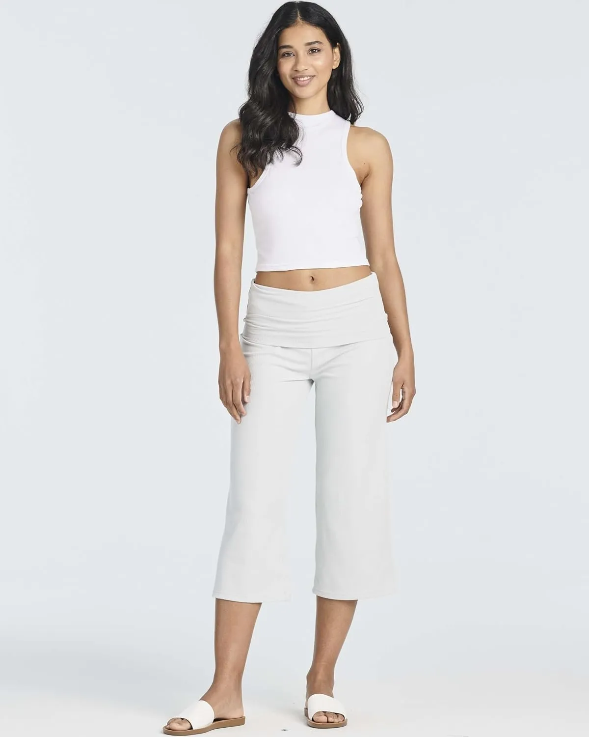 Real Essentials 3 Pack: Women's Ribbed Foldover Wide Leg Loose Capri Open Bottom Yoga Lounge Pants (Available in Plus)