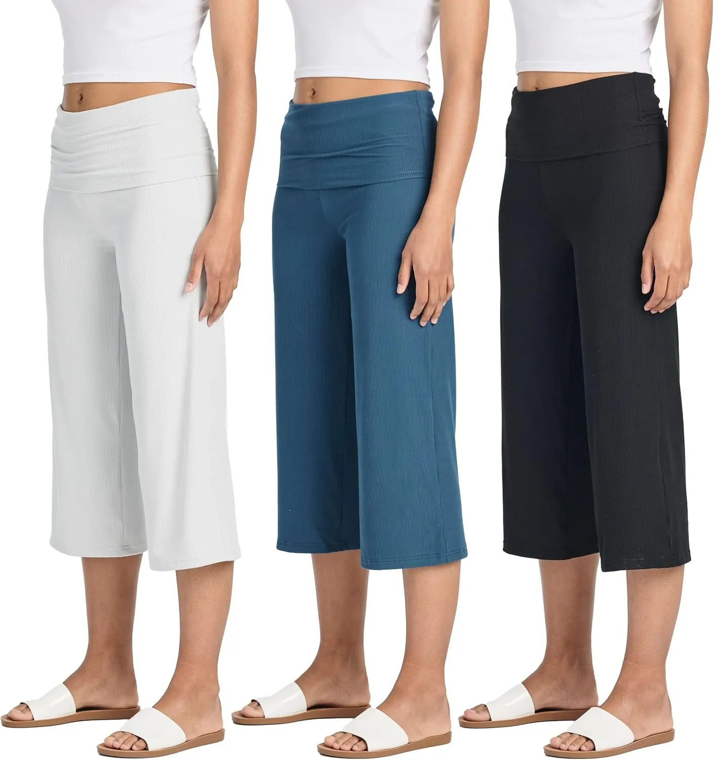 Real Essentials 3 Pack: Women's Ribbed Foldover Wide Leg Loose Capri Open Bottom Yoga Lounge Pants (Available in Plus)