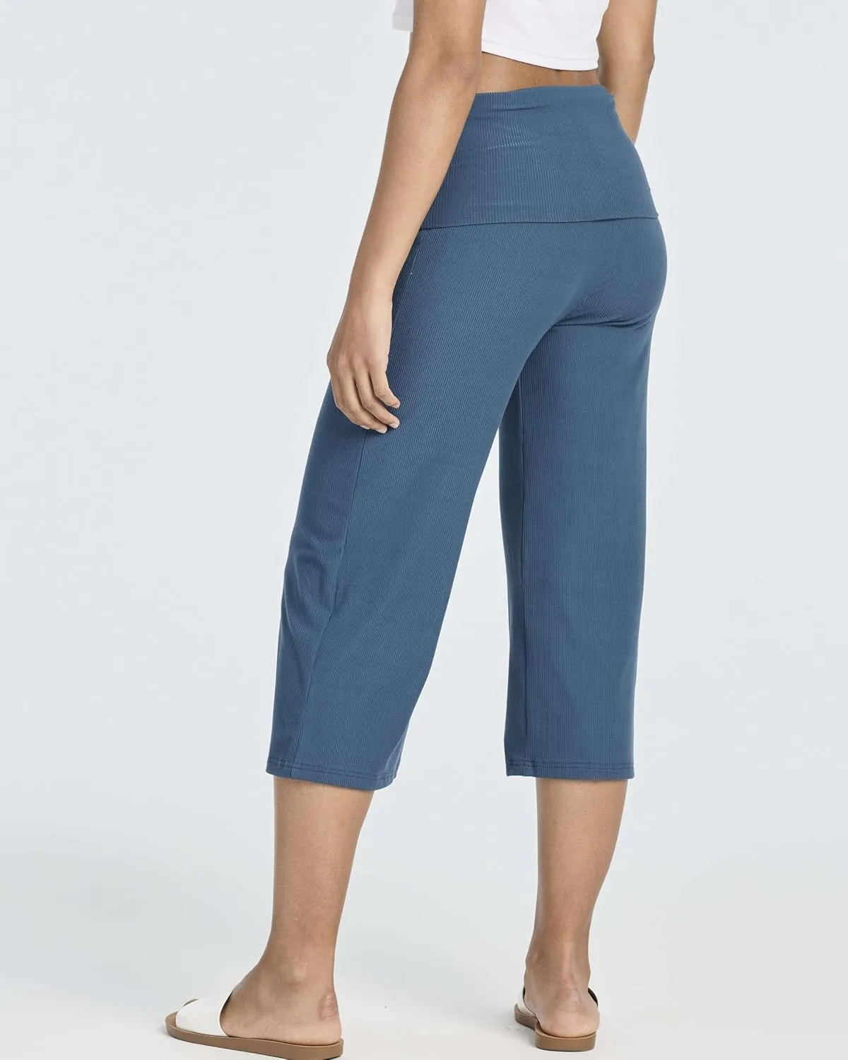 Real Essentials 3 Pack: Women's Ribbed Foldover Wide Leg Loose Capri Open Bottom Yoga Lounge Pants (Available in Plus)