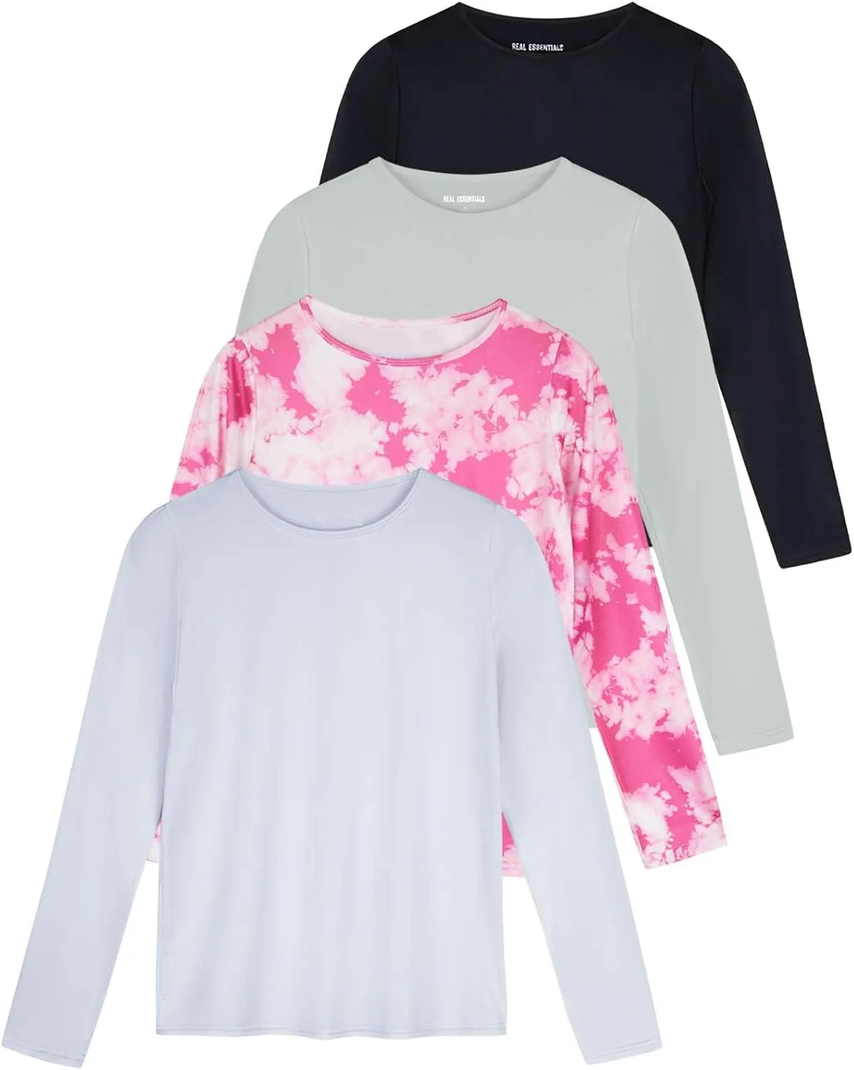 Real Essentials 4 Pack: Women's Dry-Fit Tech Stretch Long-Sleeve Athletic Workout T-Shirt (Available in Plus Size)