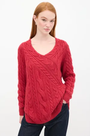 Red Cable Knit V-Neck Sweater