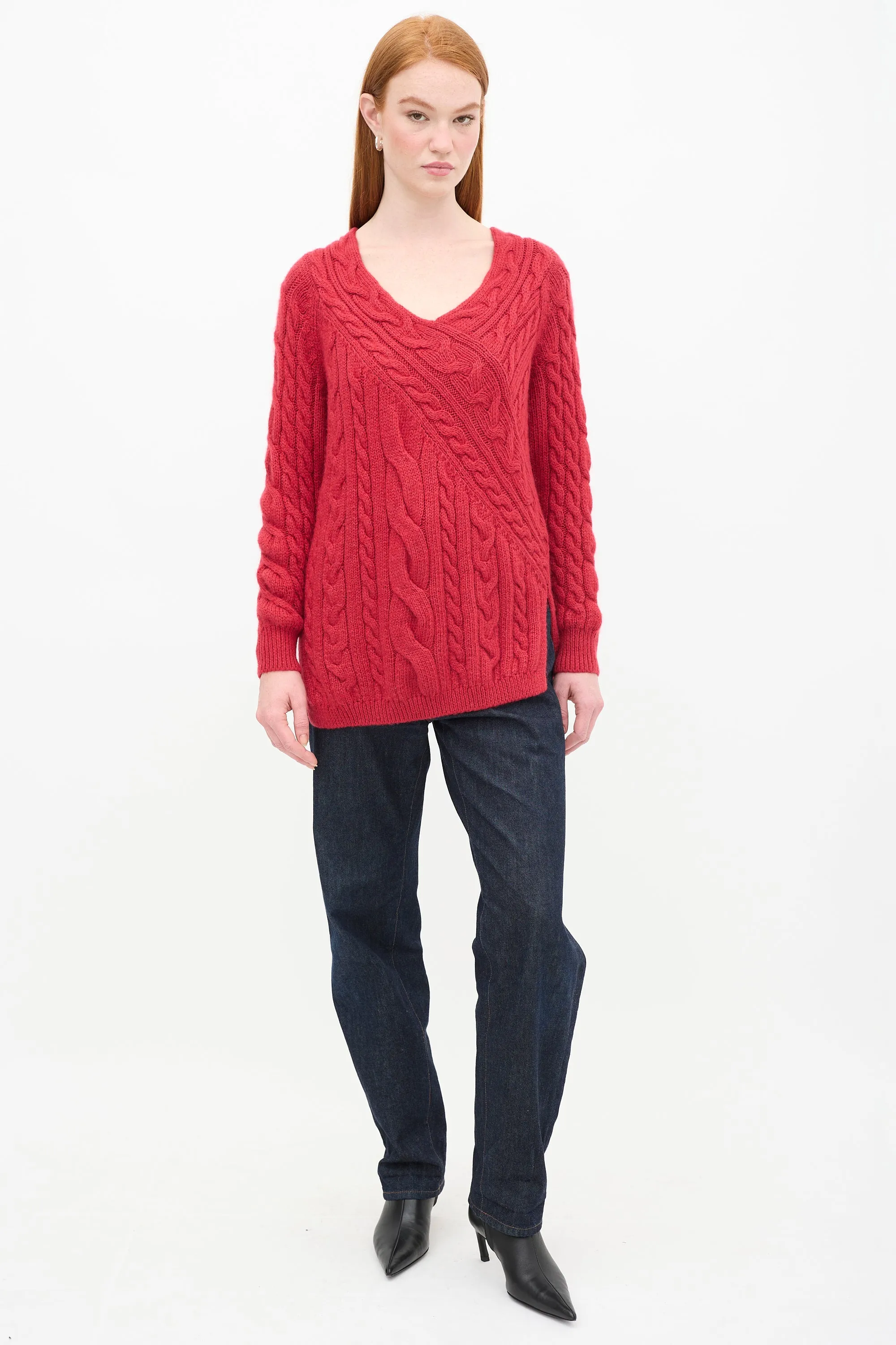 Red Cable Knit V-Neck Sweater