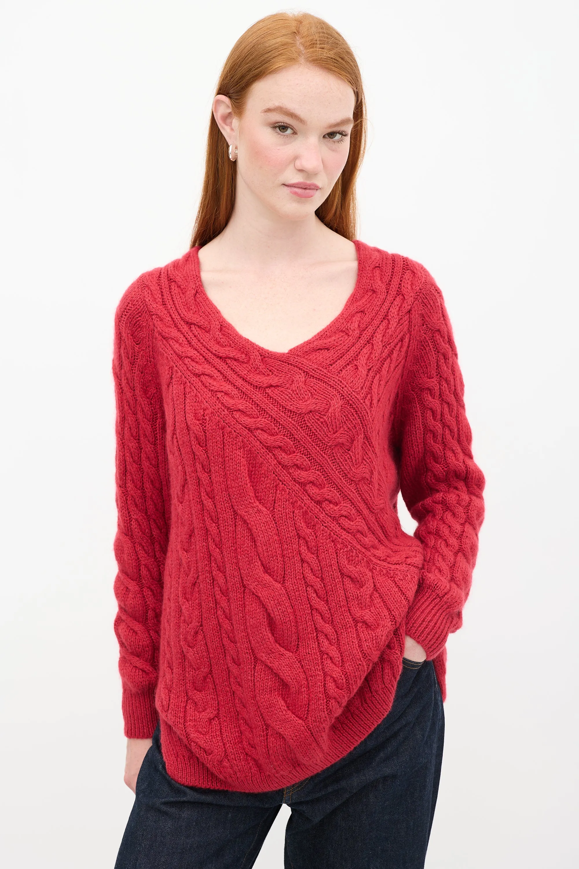Red Cable Knit V-Neck Sweater
