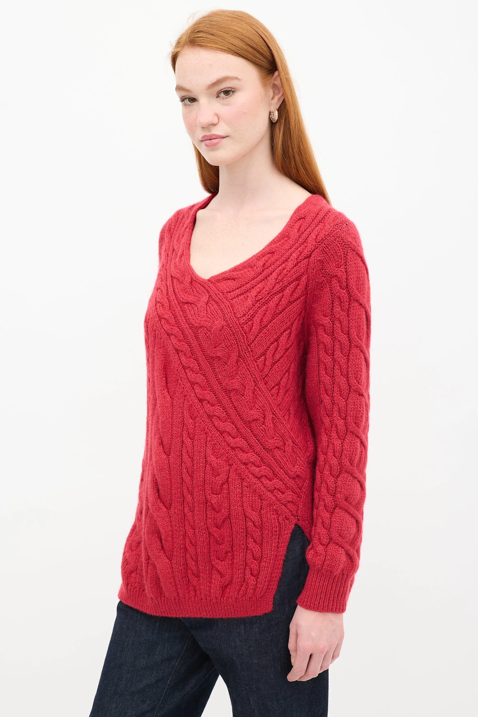 Red Cable Knit V-Neck Sweater