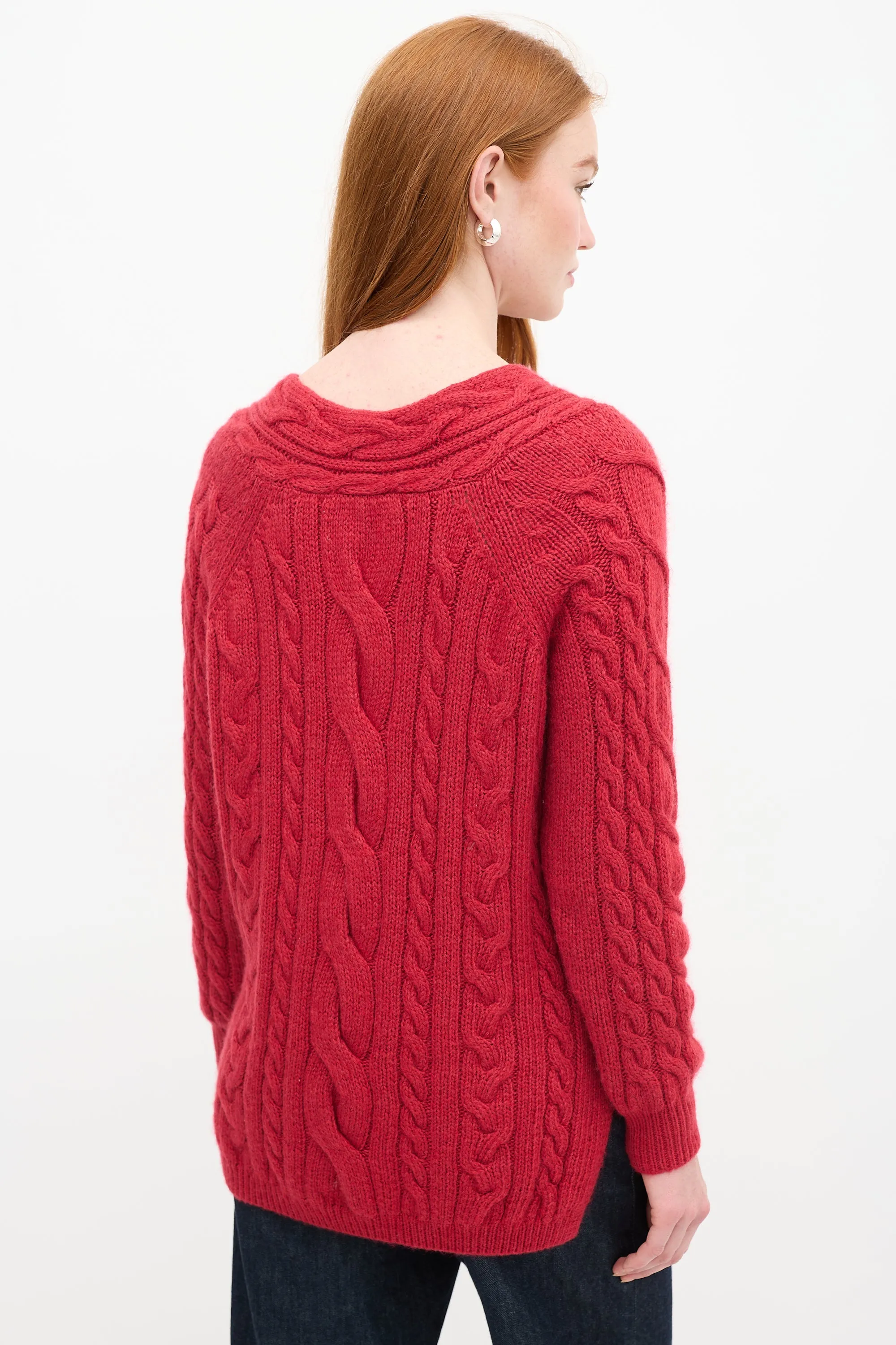 Red Cable Knit V-Neck Sweater