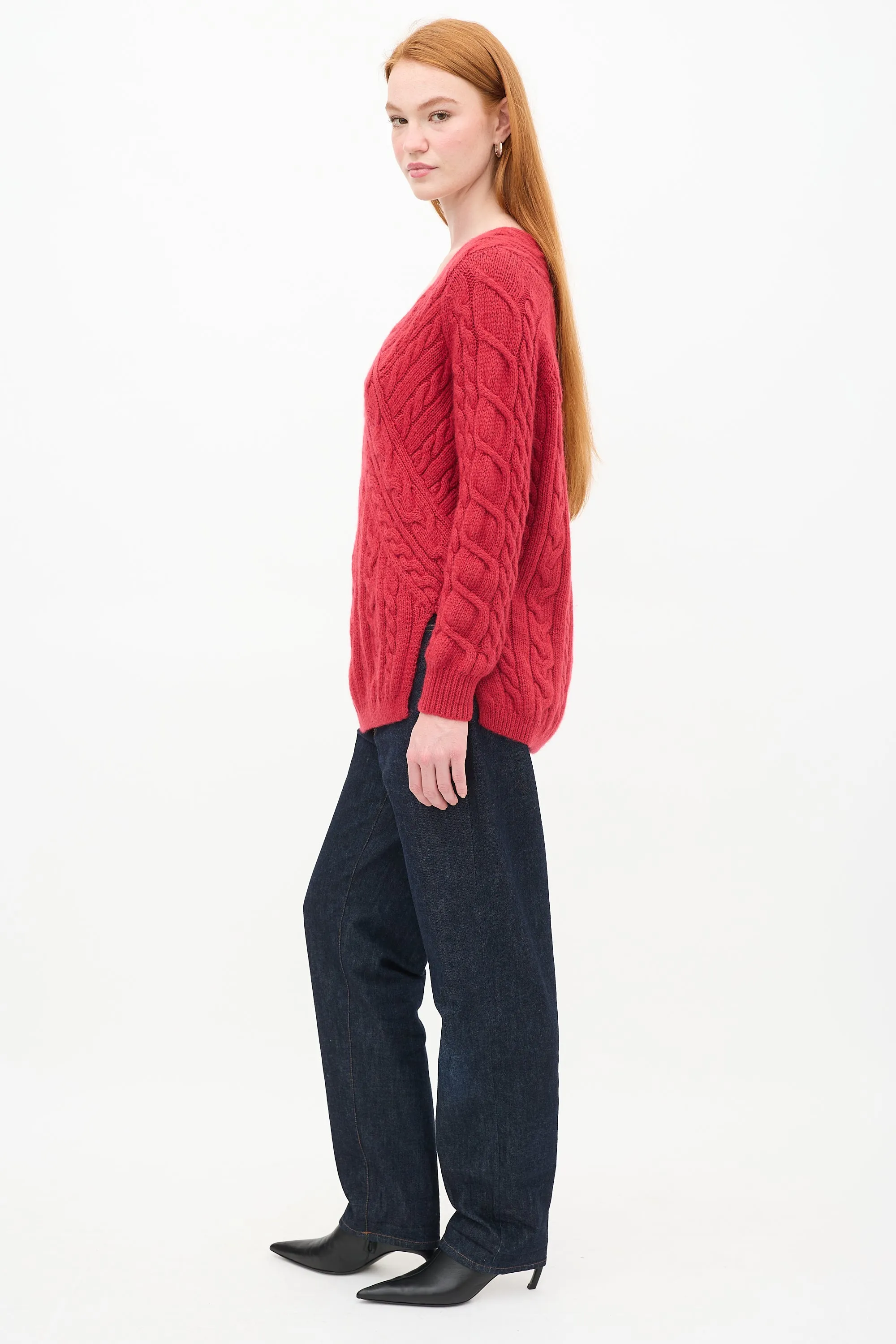 Red Cable Knit V-Neck Sweater
