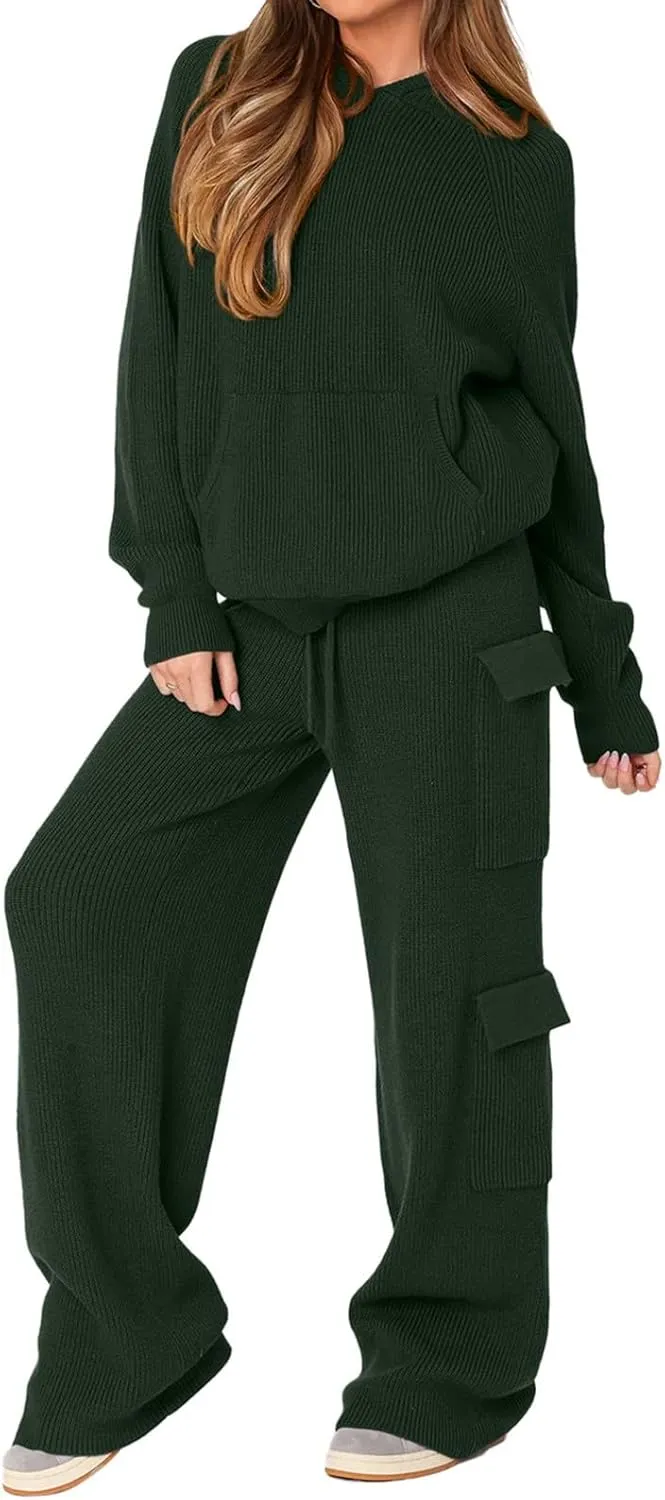 REORIA Women 2 Piece Knit Sweater Set Lounge Hoodie & Cargo Pants Outfit for Fall Winter 2024 Travel Style