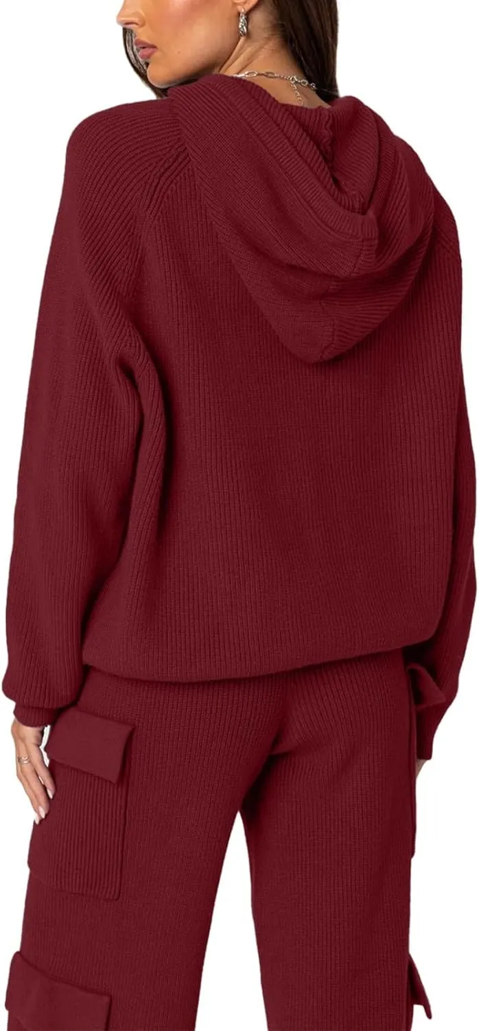 REORIA Women 2 Piece Knit Sweater Set Lounge Hoodie & Cargo Pants Outfit for Fall Winter 2024 Travel Style