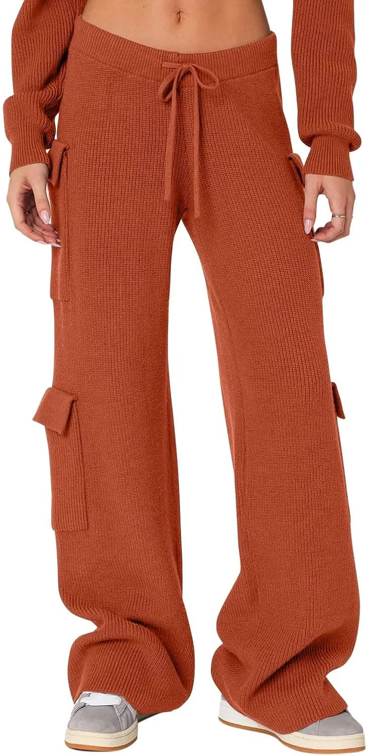 REORIA Women 2 Piece Knit Sweater Set Lounge Hoodie & Cargo Pants Outfit for Fall Winter 2024 Travel Style