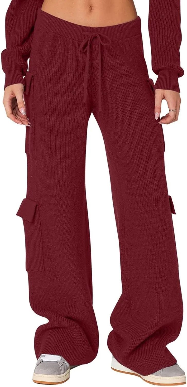 REORIA Women 2 Piece Knit Sweater Set Lounge Hoodie & Cargo Pants Outfit for Fall Winter 2024 Travel Style