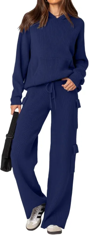 REORIA Women 2 Piece Knit Sweater Set Lounge Hoodie & Cargo Pants Outfit for Fall Winter 2024 Travel Style