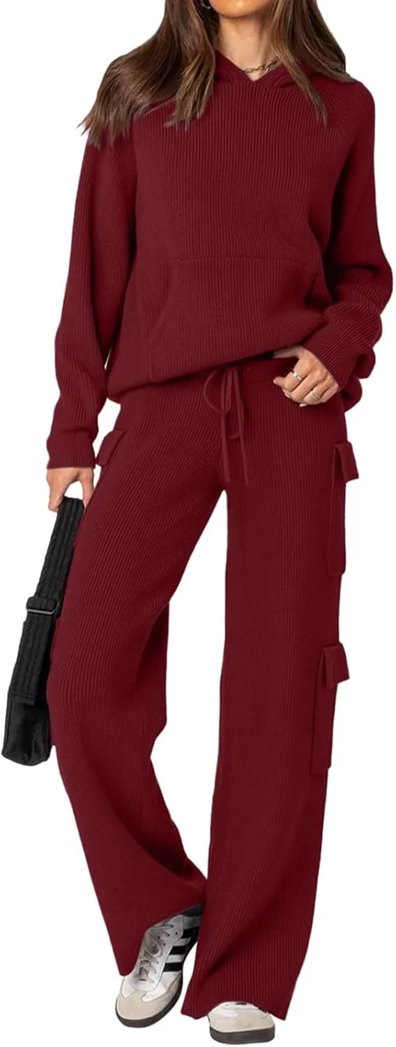 REORIA Women 2 Piece Knit Sweater Set Lounge Hoodie & Cargo Pants Outfit for Fall Winter 2024 Travel Style