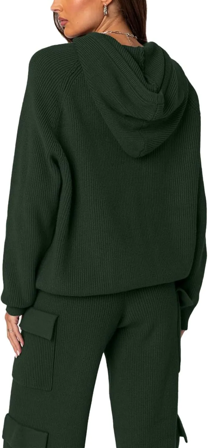 REORIA Women 2 Piece Knit Sweater Set Lounge Hoodie & Cargo Pants Outfit for Fall Winter 2024 Travel Style