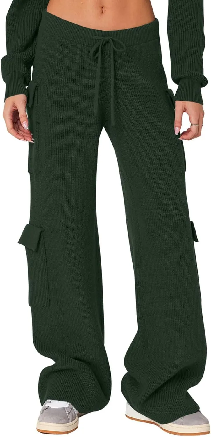 REORIA Women 2 Piece Knit Sweater Set Lounge Hoodie & Cargo Pants Outfit for Fall Winter 2024 Travel Style