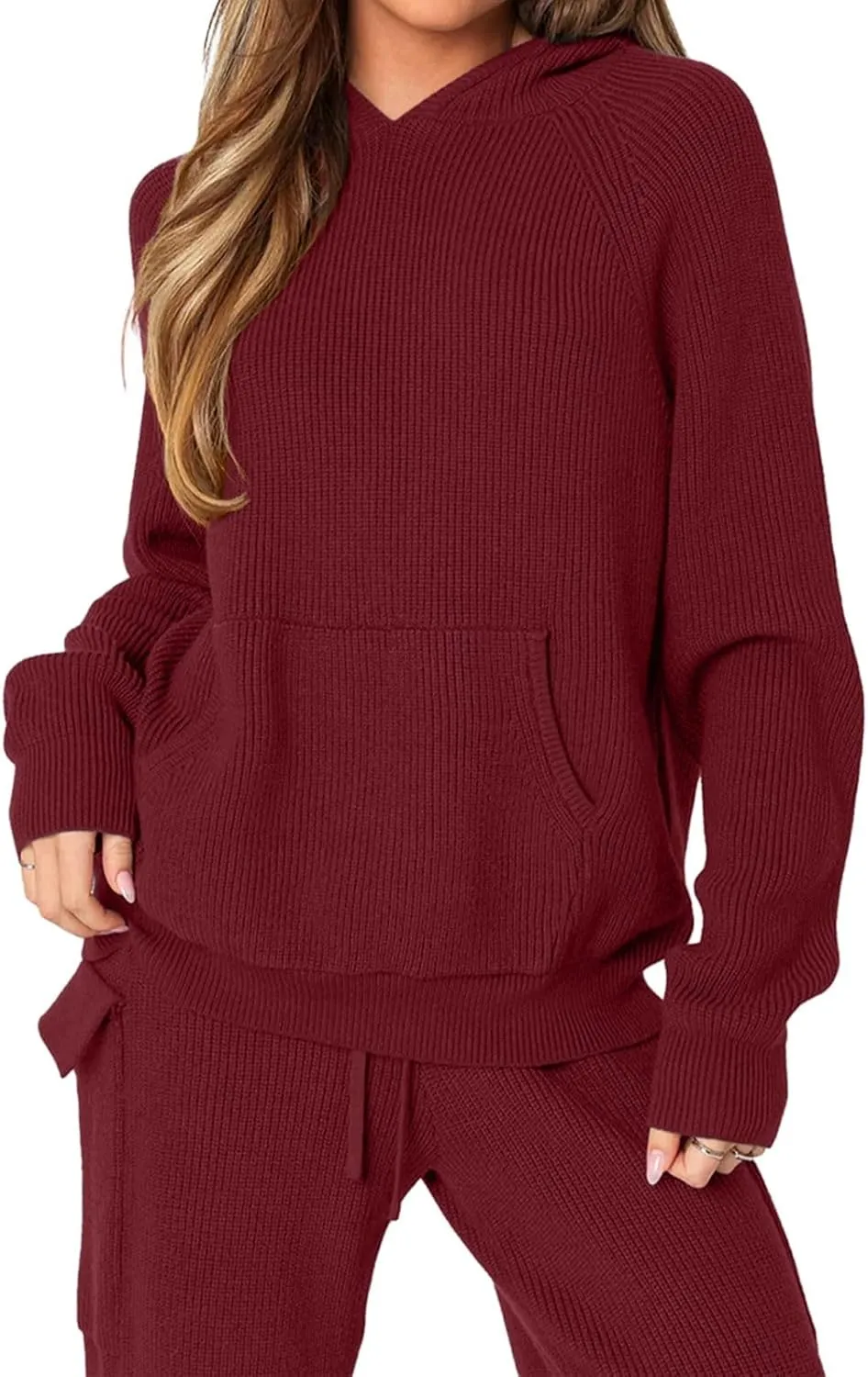 REORIA Women 2 Piece Knit Sweater Set Lounge Hoodie & Cargo Pants Outfit for Fall Winter 2024 Travel Style