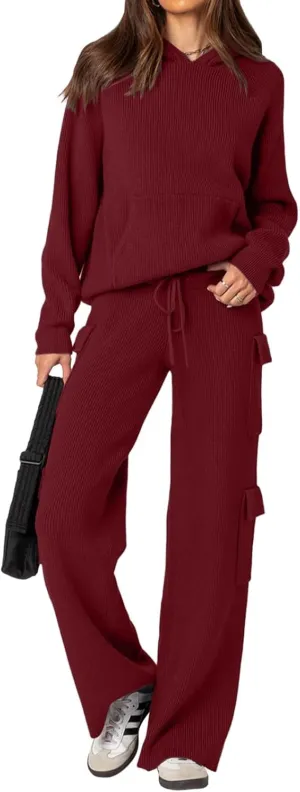 REORIA Women 2 Piece Knit Sweater Set Lounge Hoodie & Cargo Pants Outfit for Fall Winter 2024 Travel Style