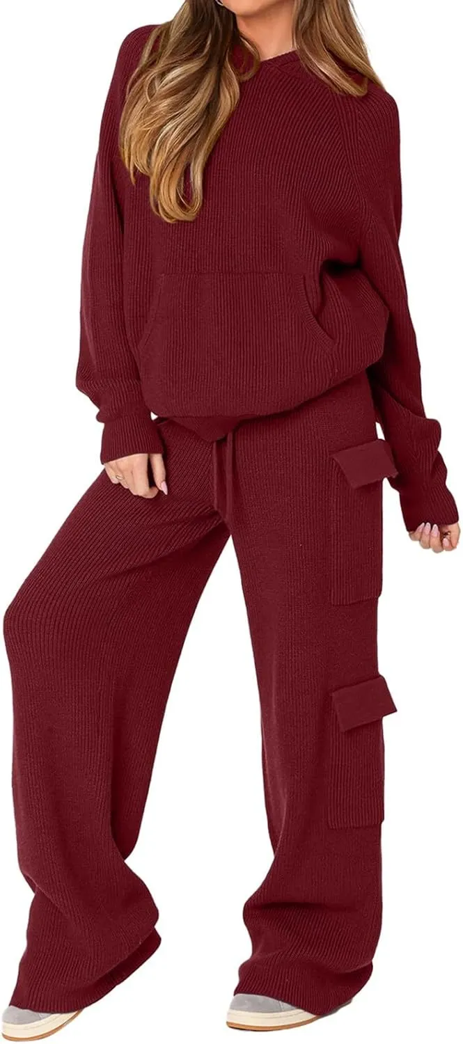 REORIA Women 2 Piece Knit Sweater Set Lounge Hoodie & Cargo Pants Outfit for Fall Winter 2024 Travel Style
