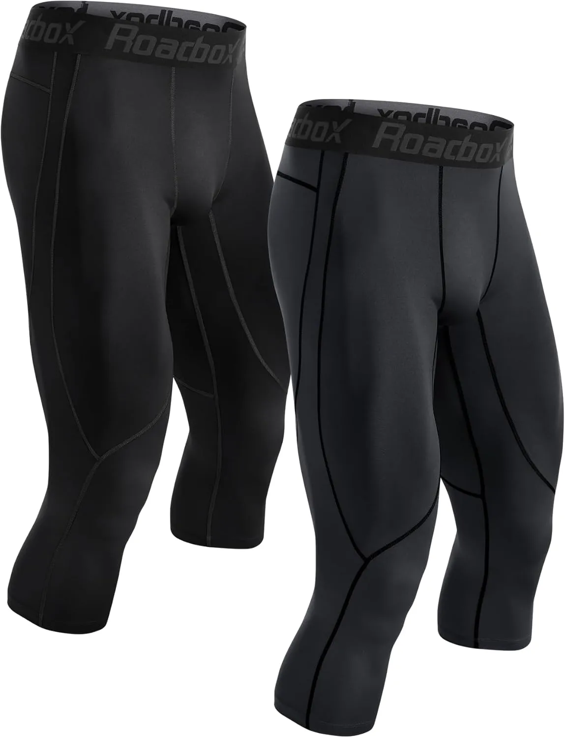 Roadbox 2 Pack Men's 3/4 Compression Pants, Athletic Basketball Workout Tights Leggings, Sport Running Spandex Base Layer