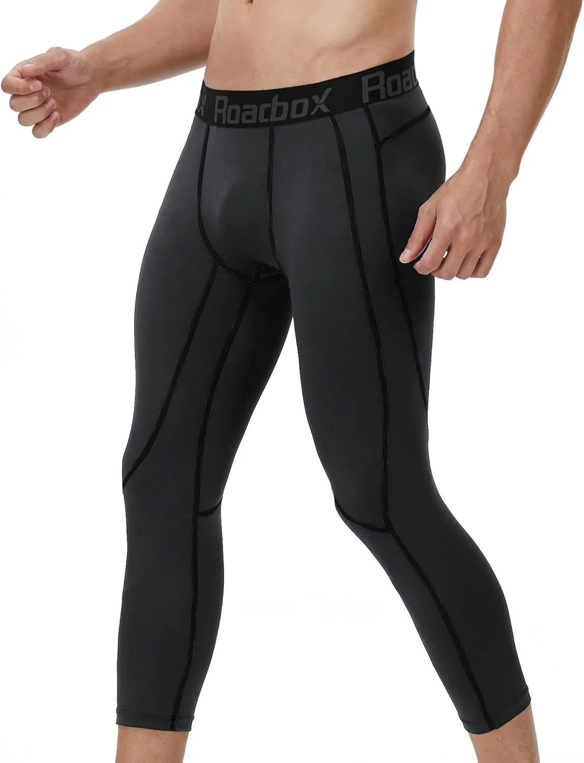 Roadbox 2 Pack Men's 3/4 Compression Pants, Athletic Basketball Workout Tights Leggings, Sport Running Spandex Base Layer