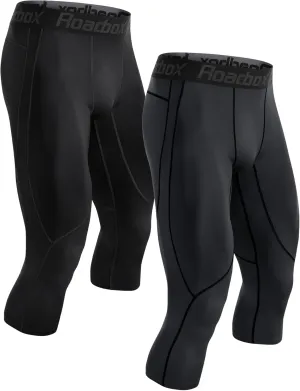 Roadbox 2 Pack Men's 3/4 Compression Pants, Athletic Basketball Workout Tights Leggings, Sport Running Spandex Base Layer