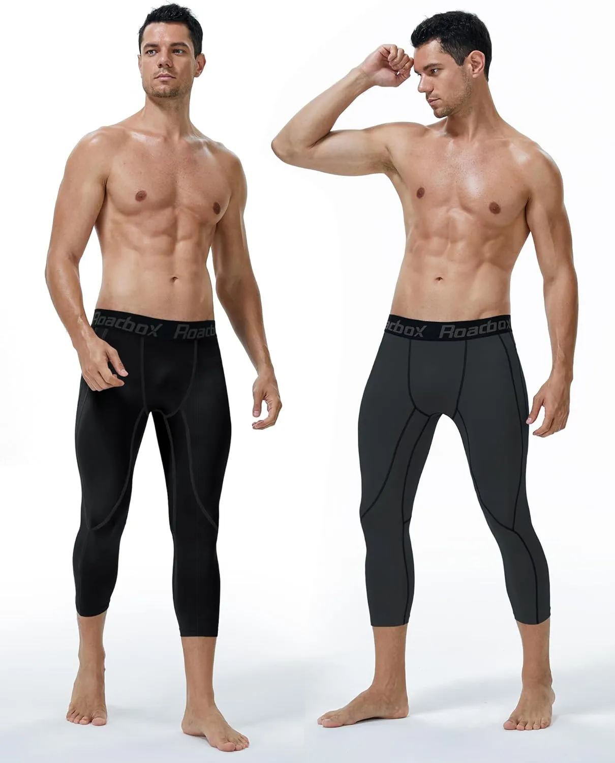 Roadbox 2 Pack Men's 3/4 Compression Pants, Athletic Basketball Workout Tights Leggings, Sport Running Spandex Base Layer