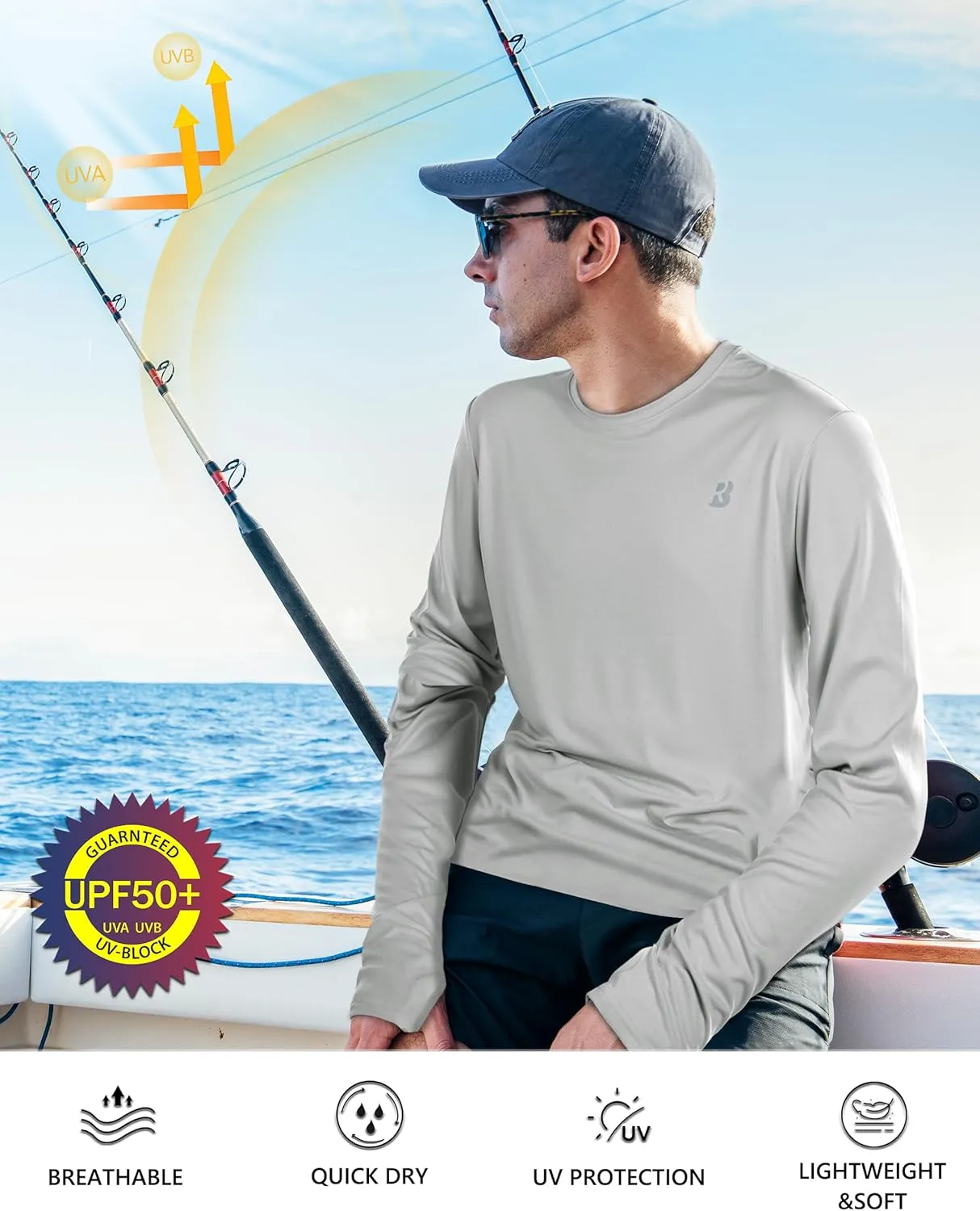 Roadbox Men's UPF 50  UV Sun Protection Shirts, SPF Long Sleeve Lightweight Water Swim Rash Guard for Fishing Running Hiking