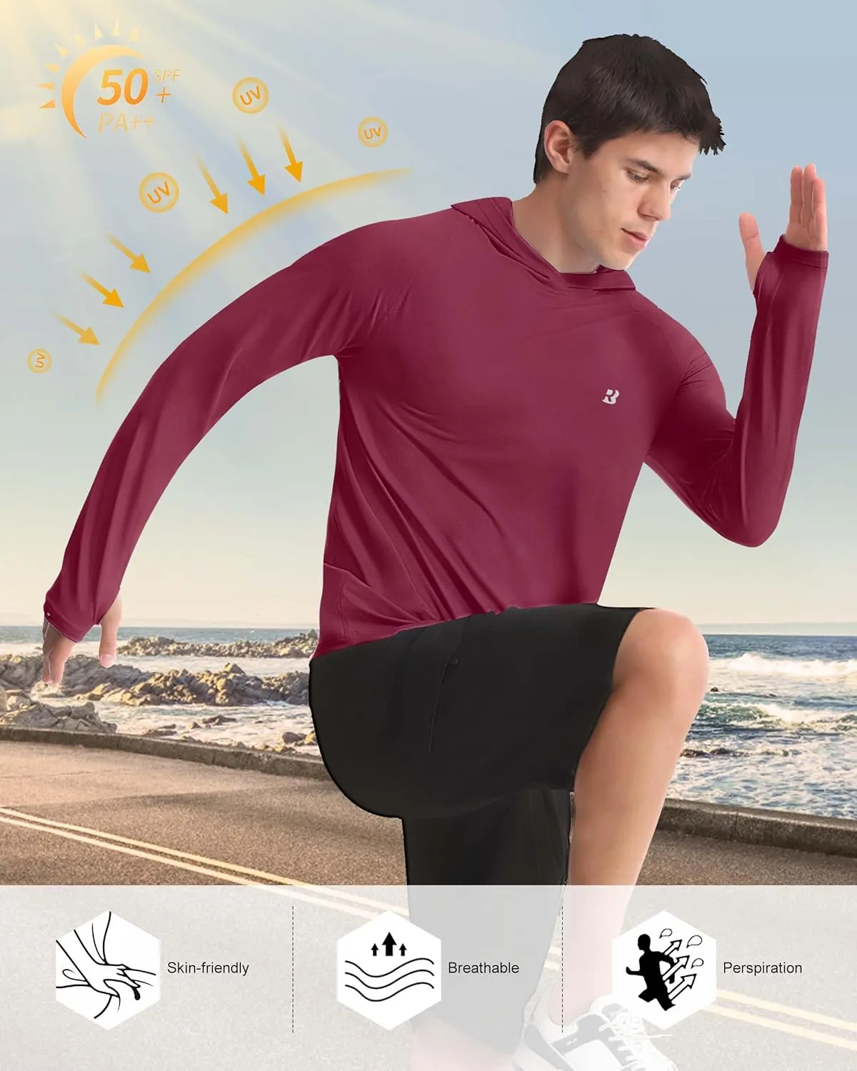 Roadbox UPF 50  Fishing Shirts for Men, Long Sleeve UV Protection Sun Hoodie, Swim Rash Guard for Hiking Running Workout