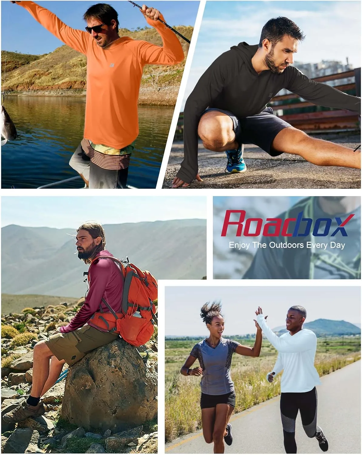 Roadbox UPF 50  Fishing Shirts for Men, Long Sleeve UV Protection Sun Hoodie, Swim Rash Guard for Hiking Running Workout