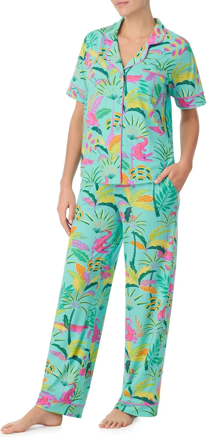 Room Service Womens Pajama Sets, Short Sleeve Soft Stretch Jersey Button Down Top with Pants 2 Piece Lounge Sets for Women